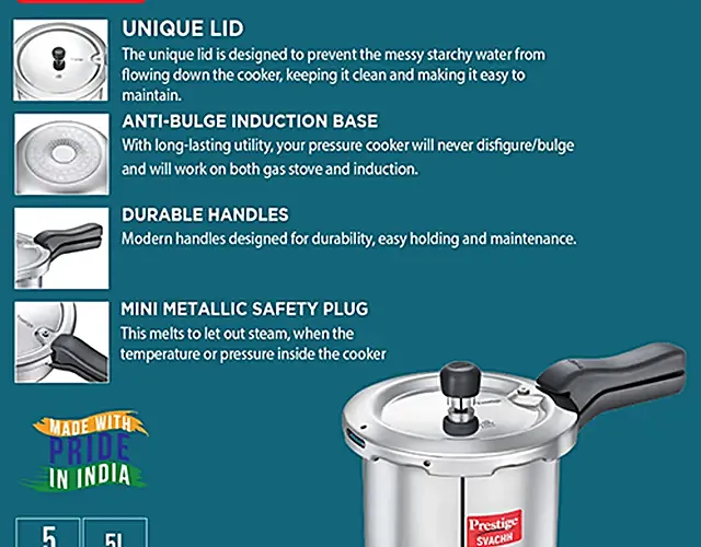 Prestige Svachh Aluminium Anti Bulge Gas & Induction Compatible Pressure Cooker - Silver, 5 l-4.webp